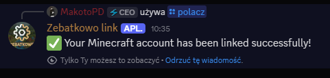 Wiadomość bota o poprawnym połączeniu konta